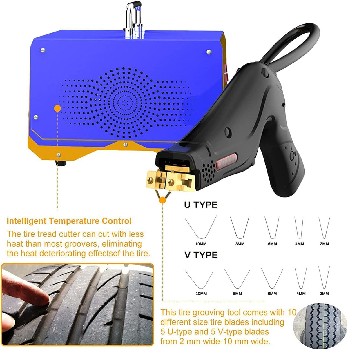 Tire Grooving Tool, 1000W Rubber Tire Regroover Machine, with 20pcs U/V-Shaped Blades, 5m Cable Length, Professional Tire Rubber Groover Machine for Any Tires