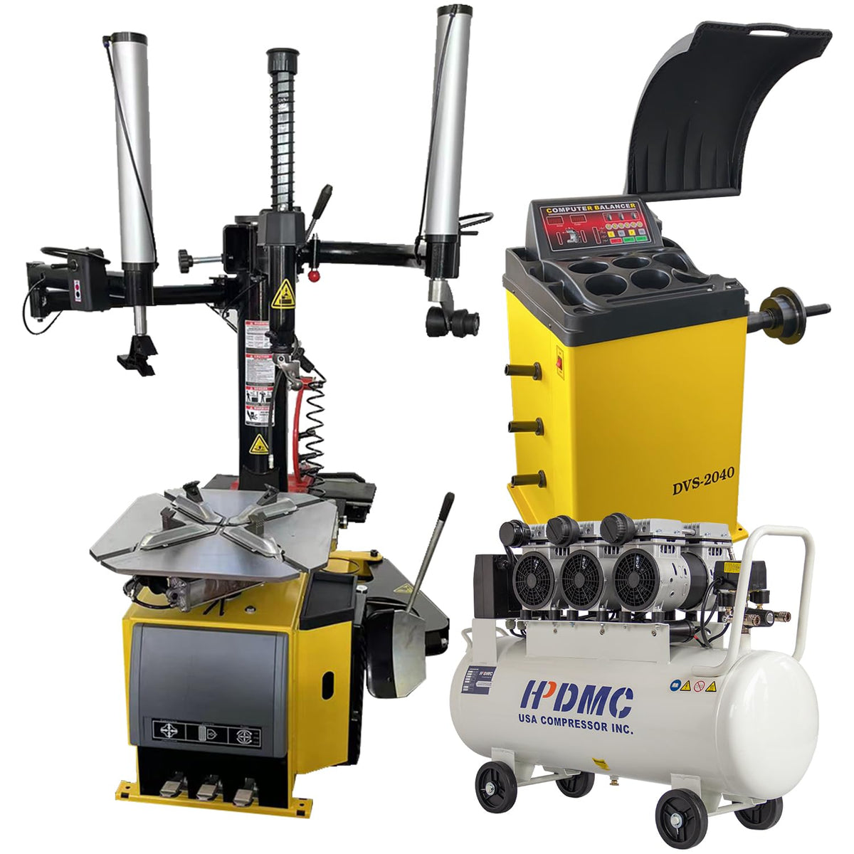 24'' Rim 1.5HP Tire Changer w/Assist Arms and 24'' Rim Tire Balancer Combo and 3HP Oil-Free Air Compressor for Tire Repair and Wheel Balancing Garage Shop Equipment w/ 1 Year Full Warranty