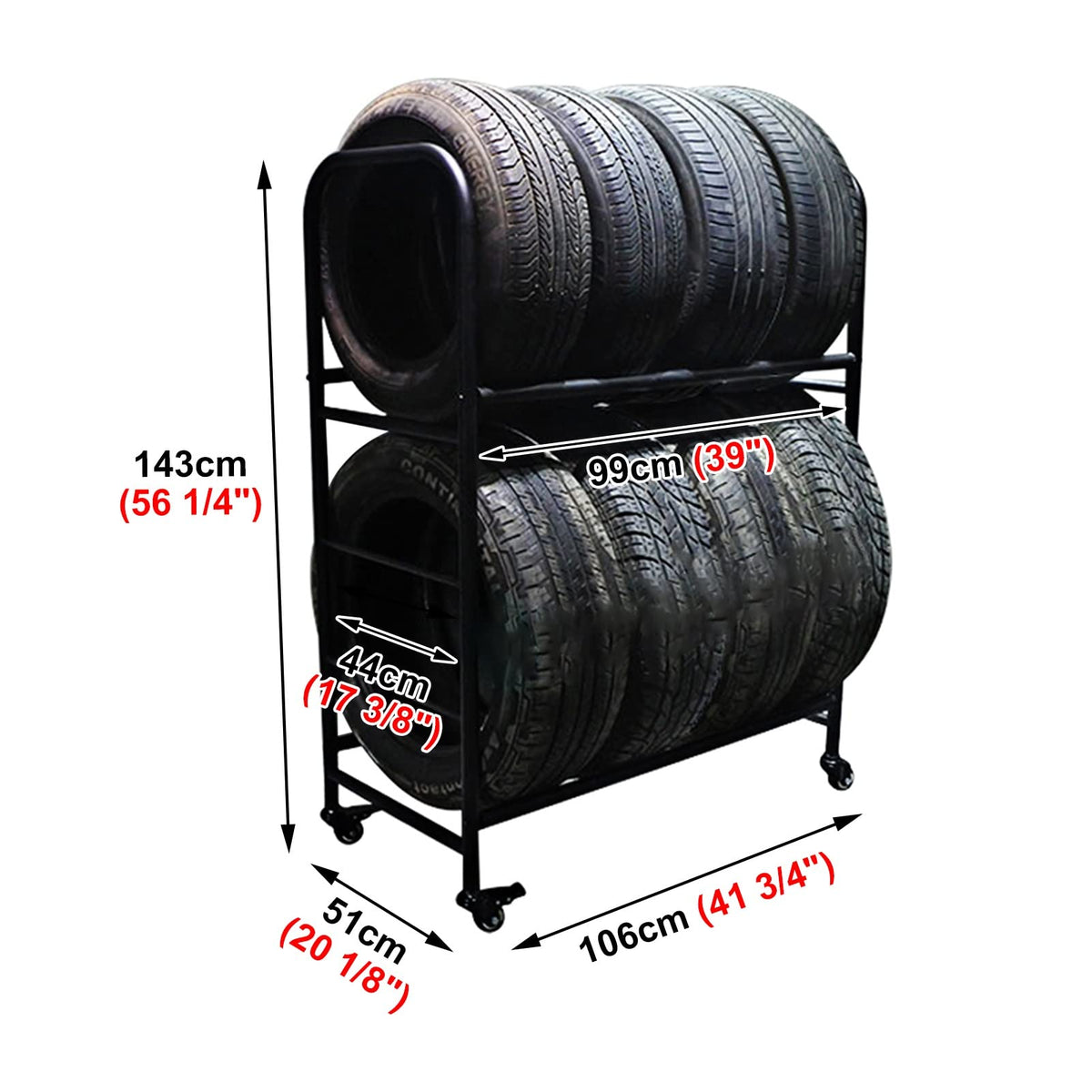 ZIMGOD 2 Tier Tire Storage Rack, Rolling Steel Garage Rack Organizer, 4 Wheels Multi Tire Rack for Indoor/Outdoor/Workshop, Convenient to Move (Size : 106cm/41.5inch)