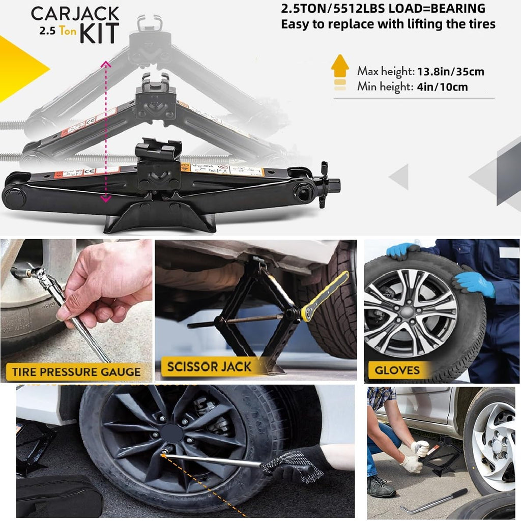 2.5 Ton Car Jack Kit Scissor Jack 5511 Lbs Tire Jack Tool Universal Car Emergency Kit with Lug Wrench Tire Duty Trolley Jack