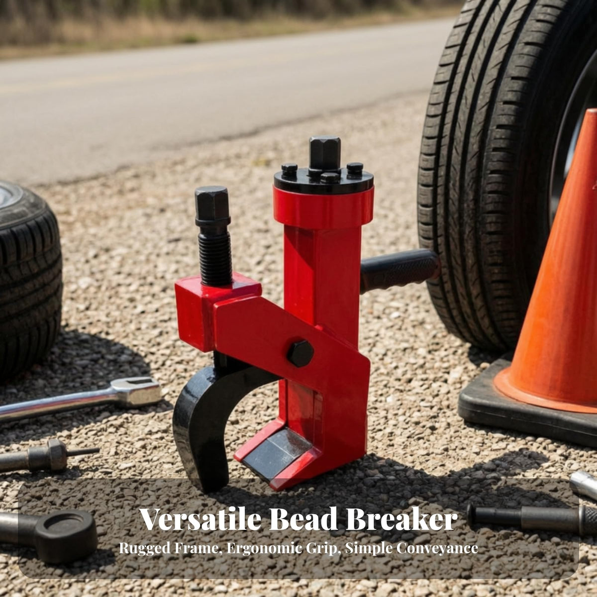 Portable Tire Remover Manual Bead Breaker Machine for Tire Disassembly with Sturdy Rectangular Support Structure and Central Drive Head for Rims Up to