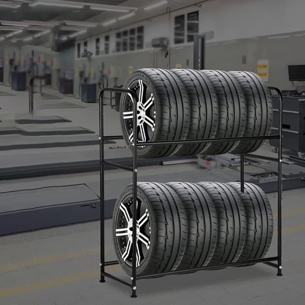 Tire Rack, Garage Rack Tire Rack, Freestanding 2 Tier Tire Holder for Garage, Steel Tire Rack Organizer with Rolling Wheels(110x50x128cm/43.3x19.7x50.4in)