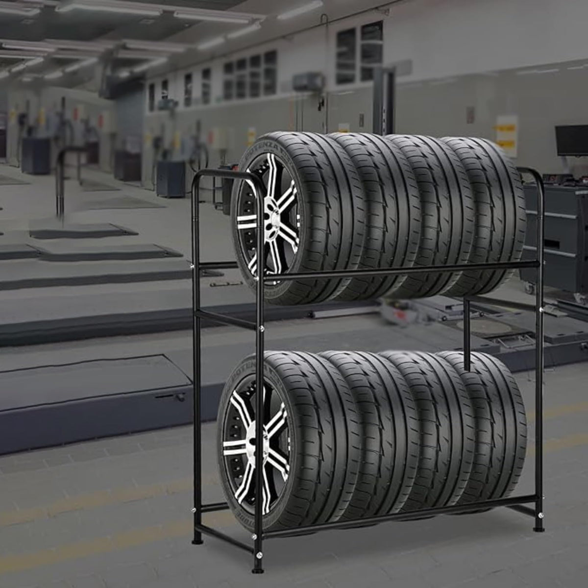 Tire Rack, Garage Rack Tire Rack, Freestanding 2 Tier Tire Holder for Garage, Steel Tire Rack Organizer with Rolling Wheels(110x50x128cm/43.3x19.7x50.4in)