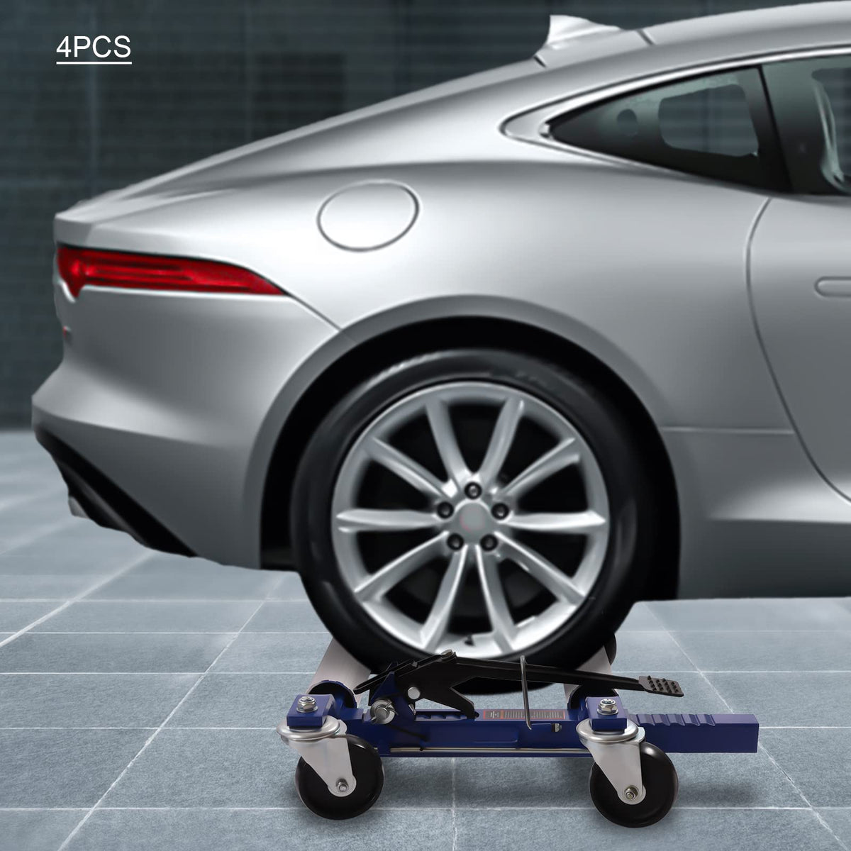 Car Wheel Dolly Jack Set of 4, 1300lbs Capacity Each Ratcheting Wheel Dollies, 4Pcs H-Shaped Heavy Duty Rollers with Ratcheting Foot Pedal for Moving Vehicle Easily in Parking Lots, Repair Shops