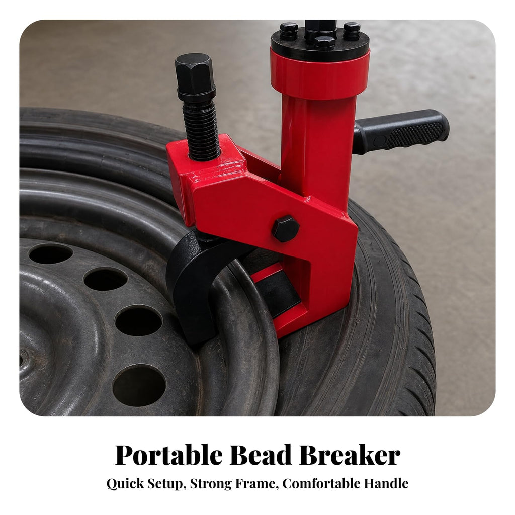 Portable Tire Remover Manual Bead Breaker Machine for Tire Disassembly with Sturdy Rectangular Support Structure and Central Drive Head for Rims Up to