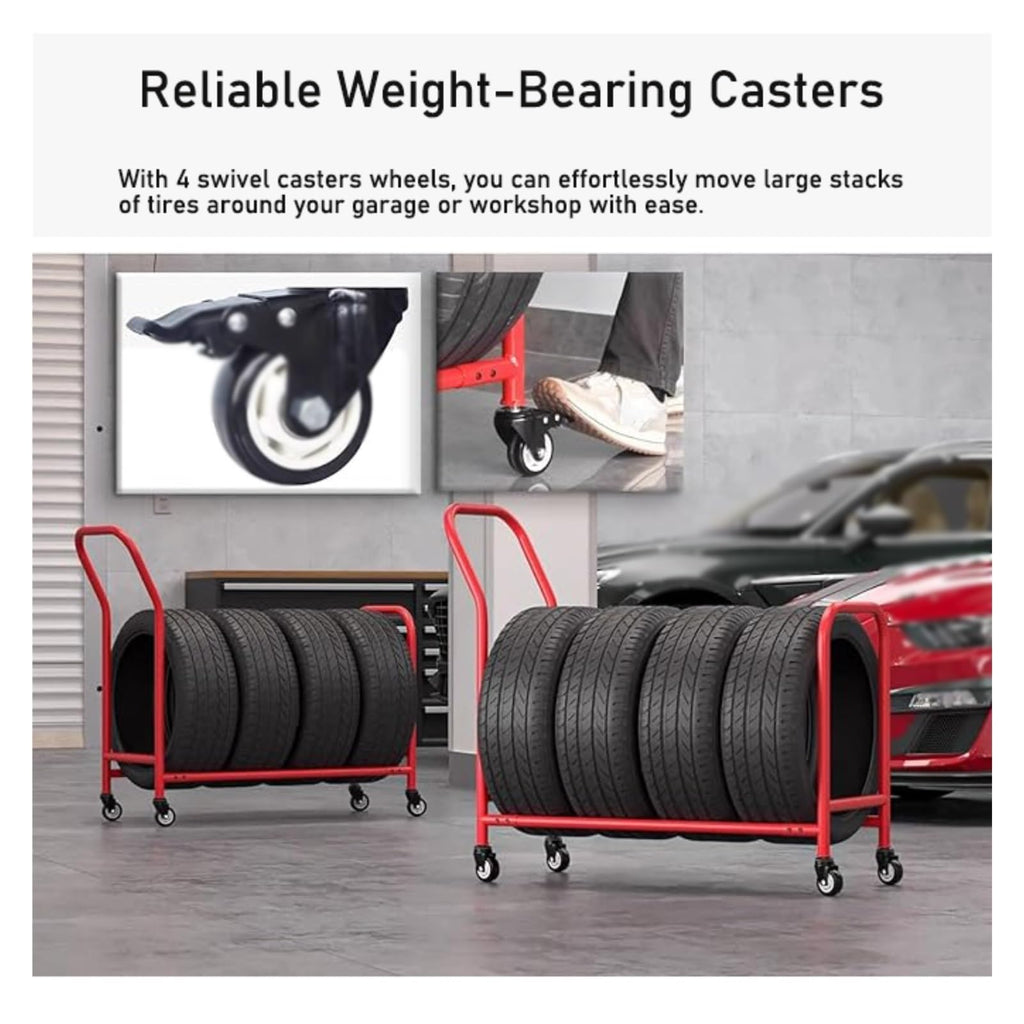 Rolling Tire Rack, Metal Tire Holder, Tire Storage Rack and Transport Trailer, Mobile Tire Storage Shelf Cart with 4 Wheel for Garage Storage