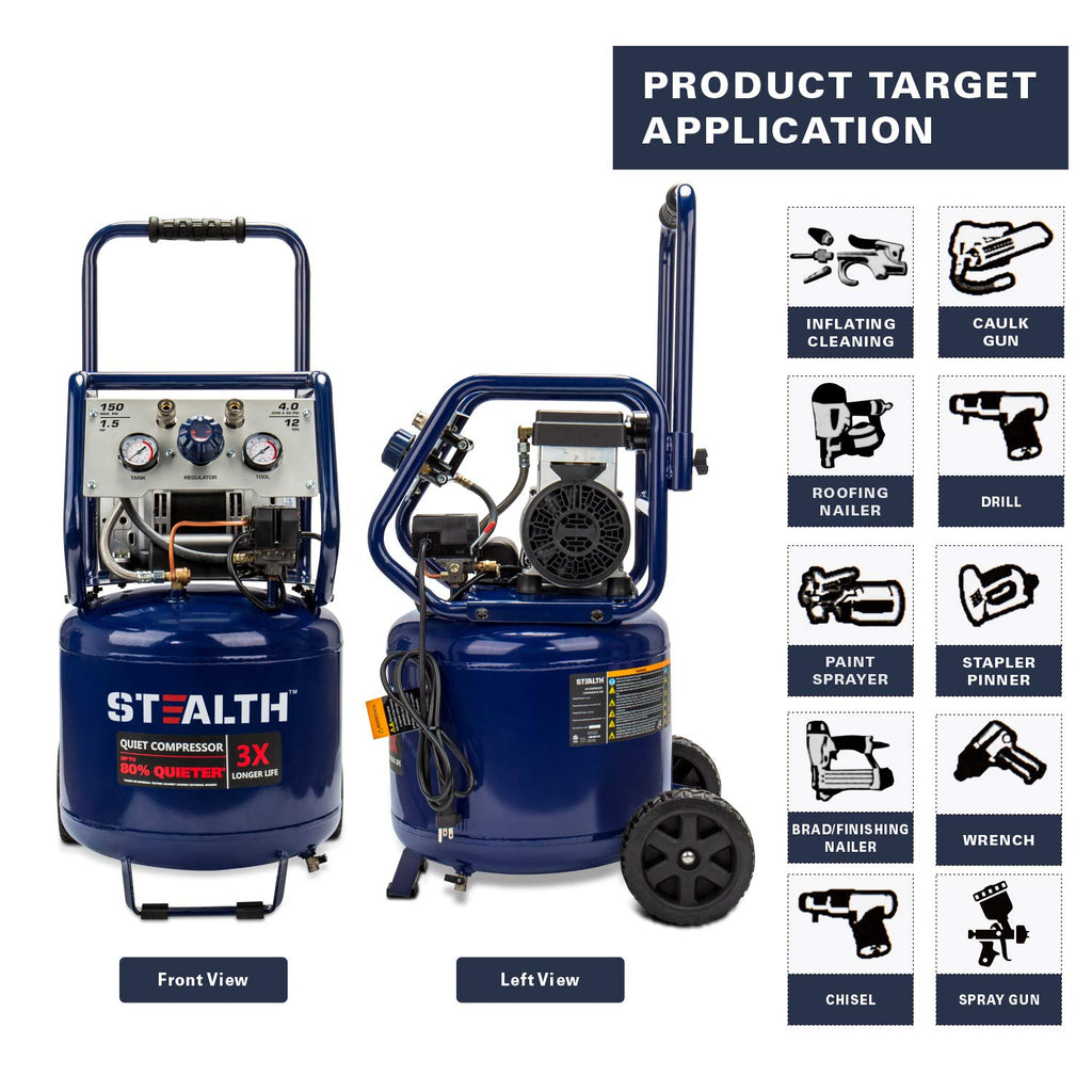 Stealth 12 Gallon Quiet Air Compressor, 1.5 HP Oil-Free Max150 PSI 68 Decibel,5 CFM @ 40 PSI 4 CFM @ 90 PSI Silent Portable Air Compressor W/Wheel for Garage, SAQ-11215