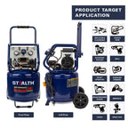 Stealth 12 Gallon Quiet Air Compressor, 1.5 HP Oil-Free Max150 PSI 68 Decibel,5 CFM @ 40 PSI 4 CFM @ 90 PSI Silent Portable Air Compressor W/Wheel for Garage, SAQ-11215