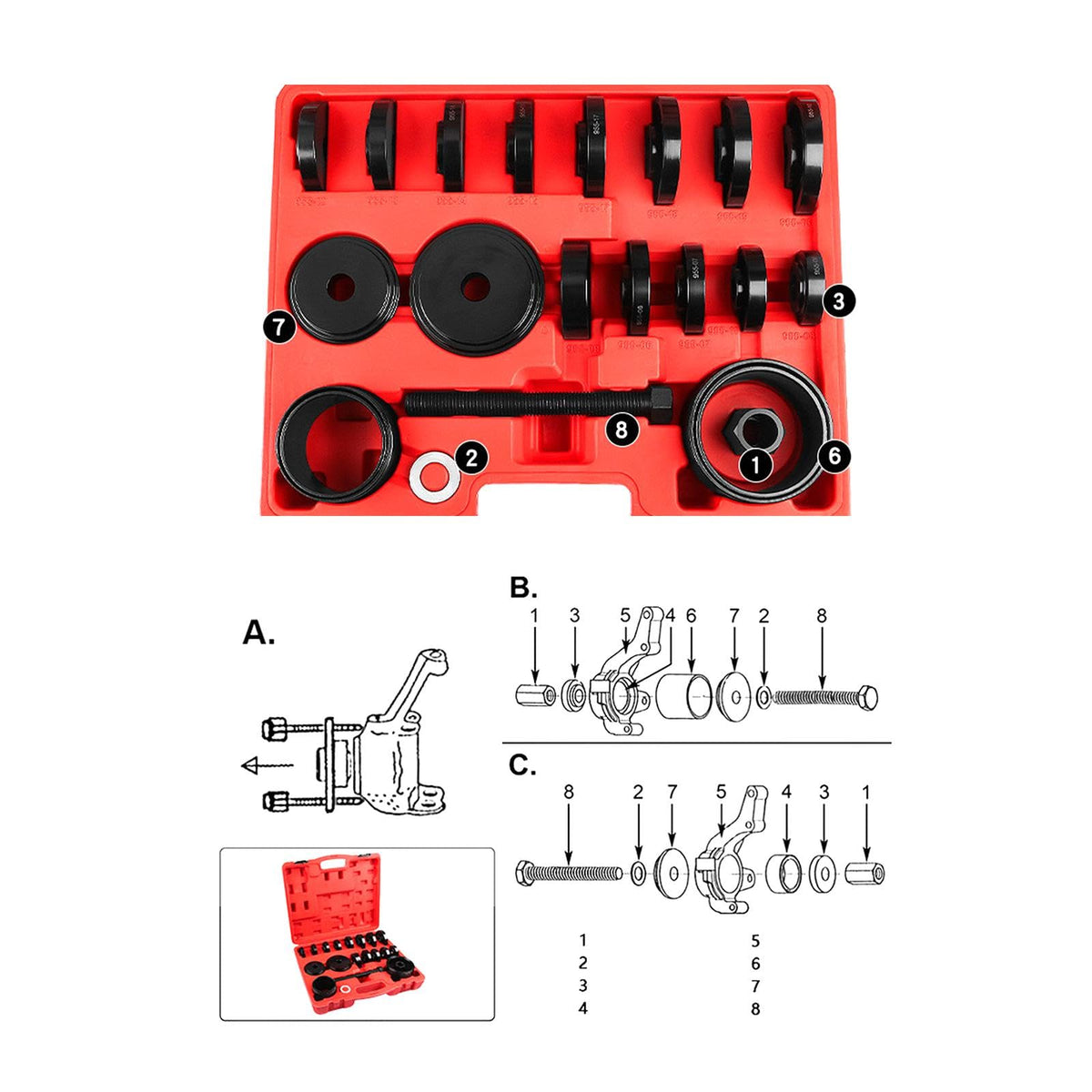 23Pcs Wheel Bearing Press Kit Front Wheel Drive Bearing Removal Tool Universal Storage Case Wheel Bearing Puller Tool Set