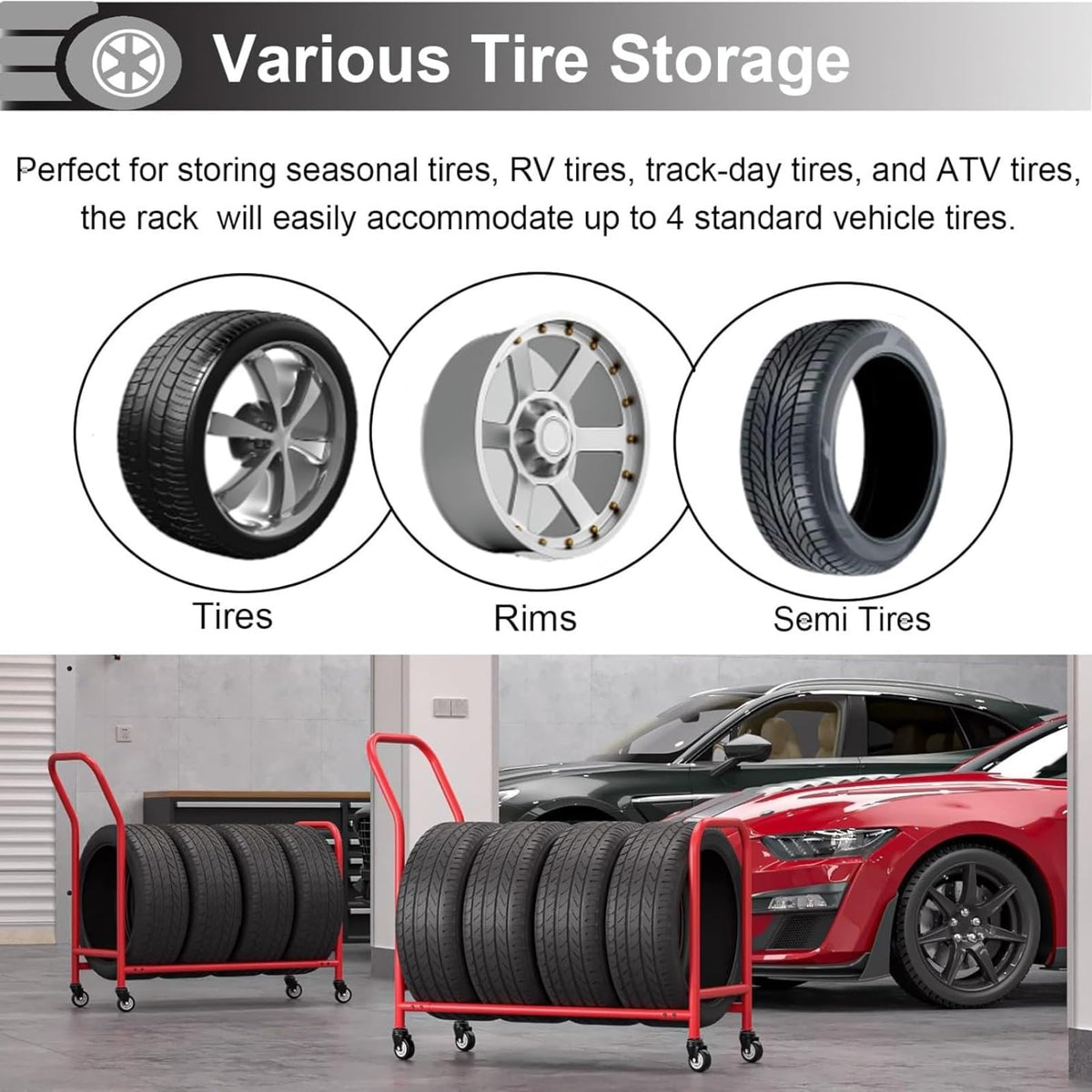 Push-Pull Tyre Storage Holder/Tire Display Rack, Car Tyre Organizer Shelf for Garage/Warehouse Workshop, Heavy Duty Wheel Holder Space for 4-5 Tyres
