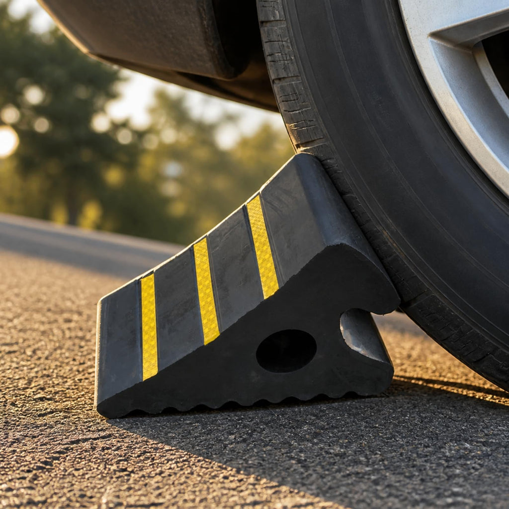 predolo Rubber Car Wheel Stopper Featuring Sloped Wedge Shape and High Contrast Striping for Tire Bracing Suitable for Driveways and Loading Spots, Style B
