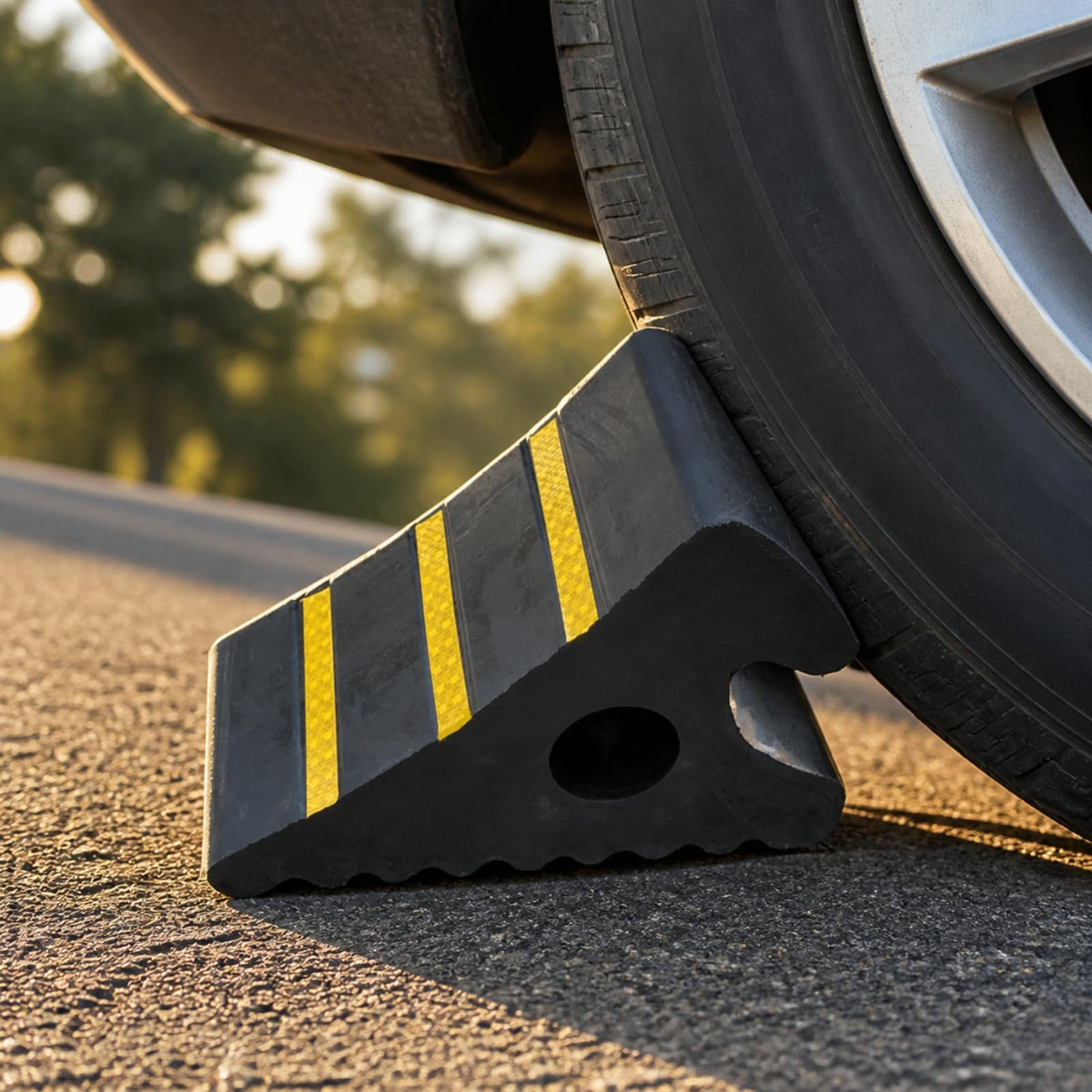 Rubber Car Wheel Stopper Featuring Wedge Profile and Ribbed for Tire Bracing Suitable for Driveways and Parking Areas, Style B
