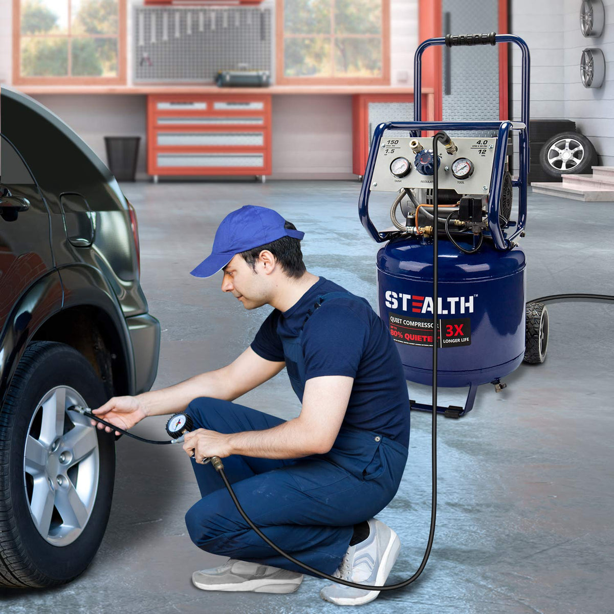 Stealth 12 Gallon Quiet Air Compressor, 1.5 HP Oil-Free Max150 PSI 68 Decibel,5 CFM @ 40 PSI 4 CFM @ 90 PSI Silent Portable Air Compressor W/Wheel for Garage, SAQ-11215