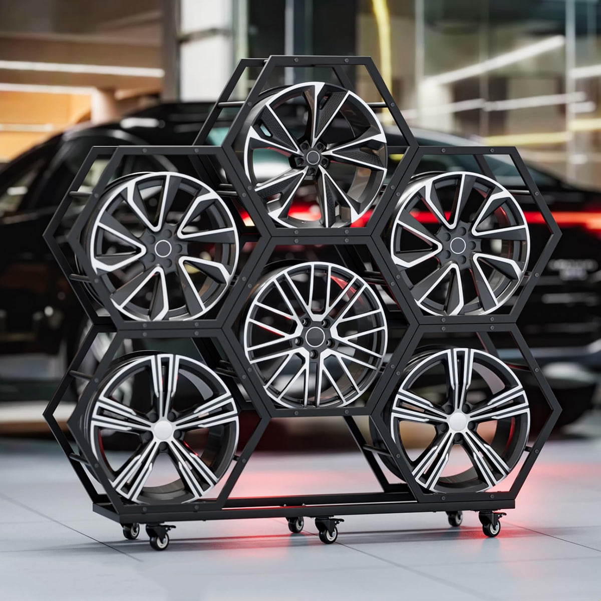 360° Rolling Car Rims Tire Display Stand, 6 Rims Holder, Heavy Duty Steel Hexagon Frame Car Tire Rims Storage Shelf for Exhibition, Shop, Garage, Mobile Wheels with Brakes