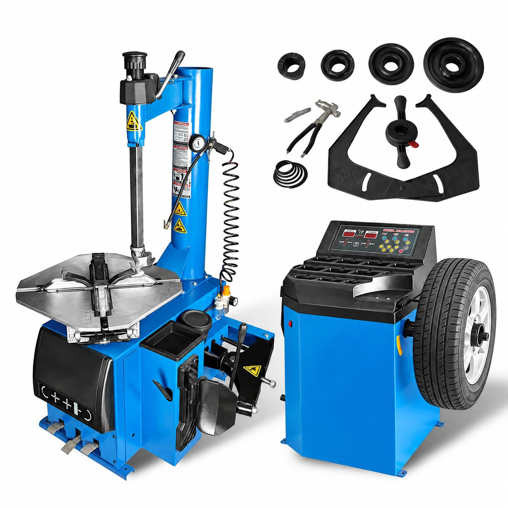 YELLOW JACKET Tire Changer Machine and Wheel Balancer Combo, 2.0 HP 3-Pedal Tire Changer with Rim Clamp, Automatic Wheel Balancer, 10"-24" Rim Capacity, 110V, Blue