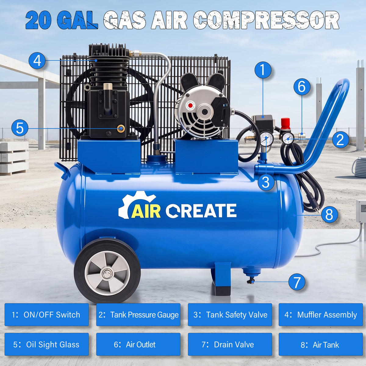 20 Gallon Gas Powered Air Compressor Tank with Wheels, 3.7Hp11CFM@125PSI Air Compressed System for Workshop Tire Inflation, Spraying, Nailing