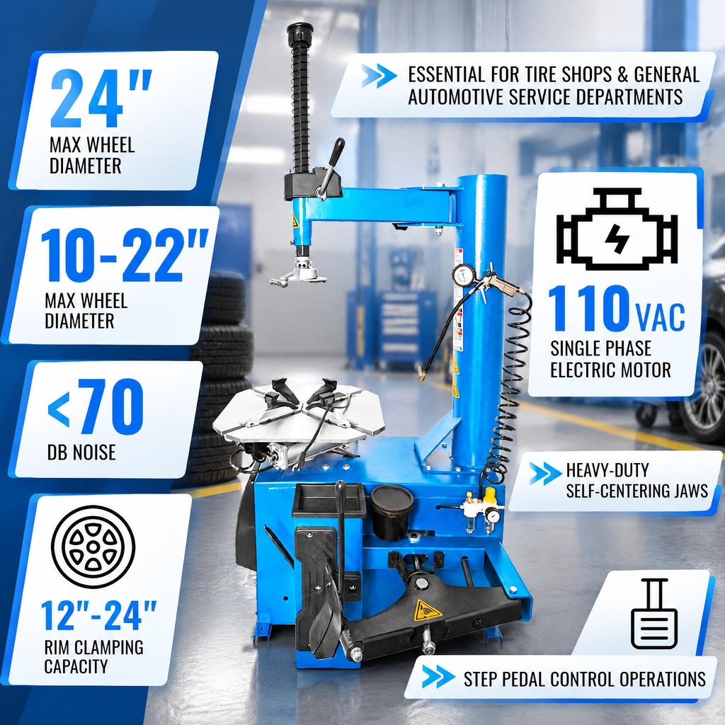 YELLOW JACKET Tire Changer Machine and Wheel Balancer Combo, 2.0 HP 3-Pedal Tire Changer with Rim Clamp, Automatic Wheel Balancer, 10"-24" Rim Capacity, 110V, Blue