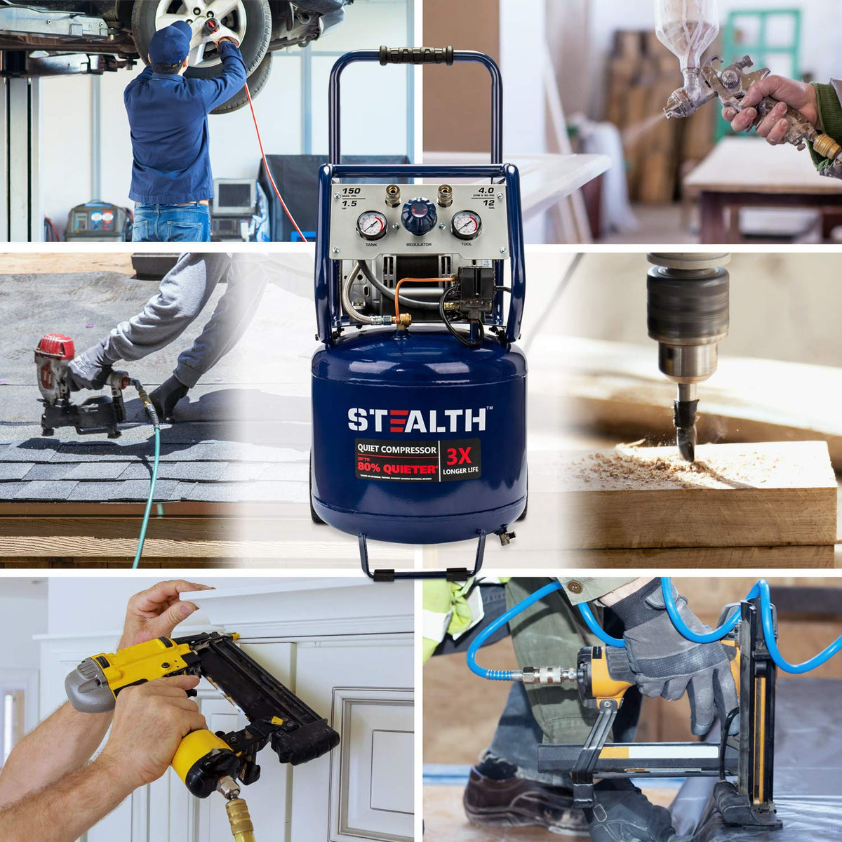 Stealth 12 Gallon Quiet Air Compressor, 1.5 HP Oil-Free Max150 PSI 68 Decibel,5 CFM @ 40 PSI 4 CFM @ 90 PSI Silent Portable Air Compressor W/Wheel for Garage, SAQ-11215