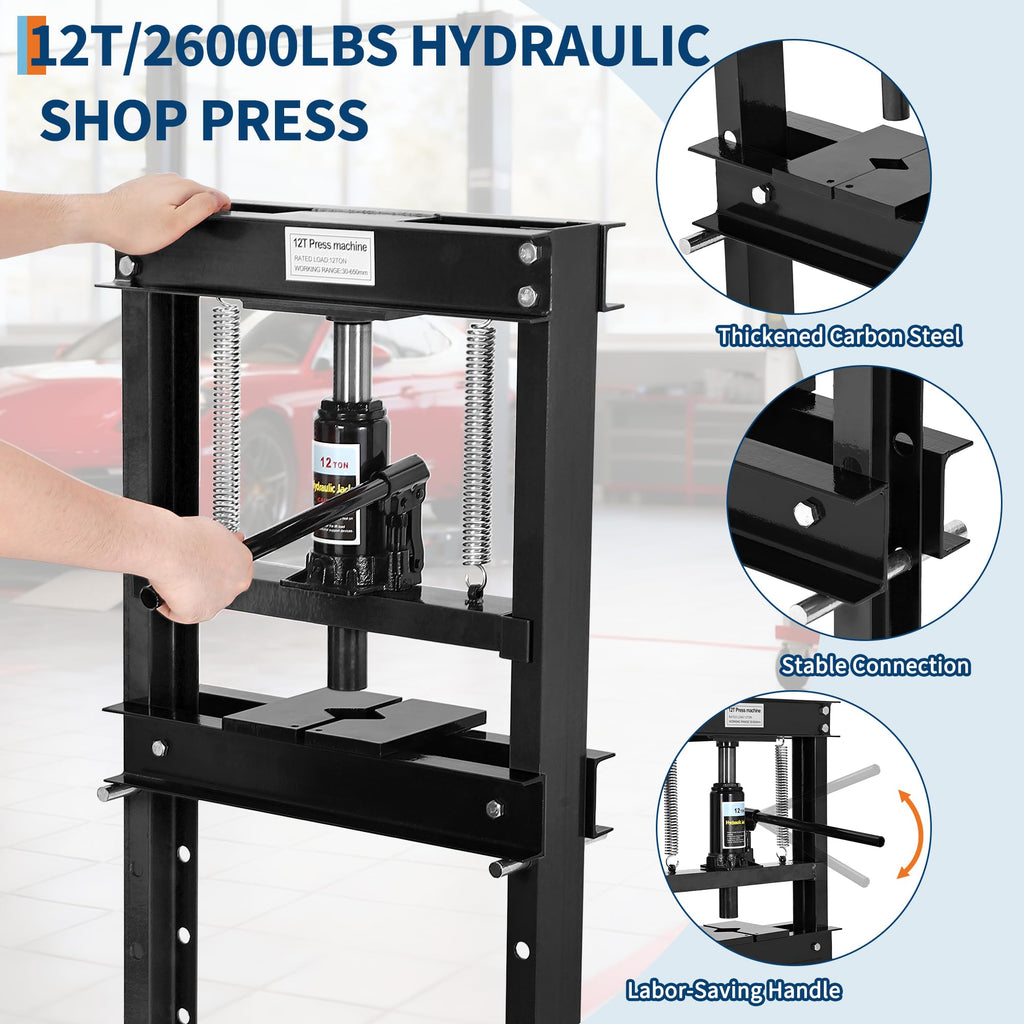 12 Ton Hydraulic Shop Press, 26000 Lbs Automotive Bearing Press