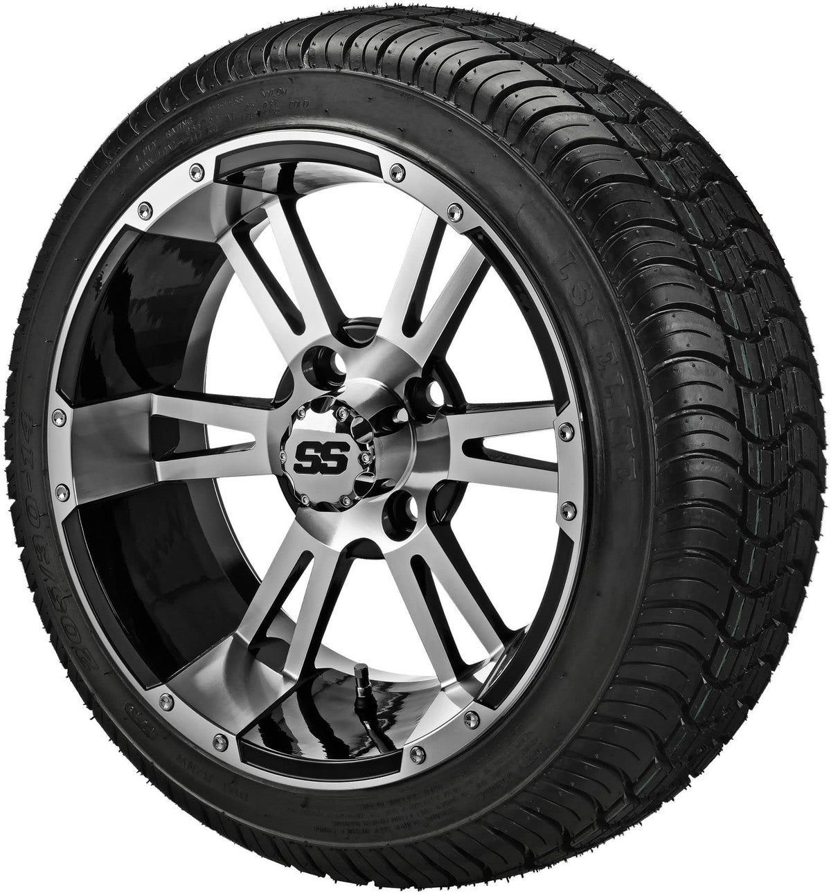 RM Cart 14" Raptor Gloss Black on 205/30-14 LSI Elite Tires (Set of 4) | Golf Cart Tires and Wheels Combo with Metric Lug Nuts