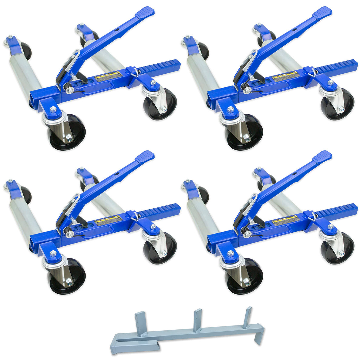 1500 LB 12.5'' Wheel Car Positioning Dolly with Ratcheting Foot Pedal (4 Pack with Stand), Blue