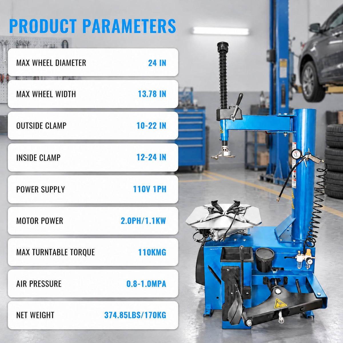 YELLOW JACKET Tire Changer Machine and Wheel Balancer Combo, 2.0 HP 3-Pedal Tire Changer with Rim Clamp, Automatic Wheel Balancer, 10"-24" Rim Capacity, 110V, Blue