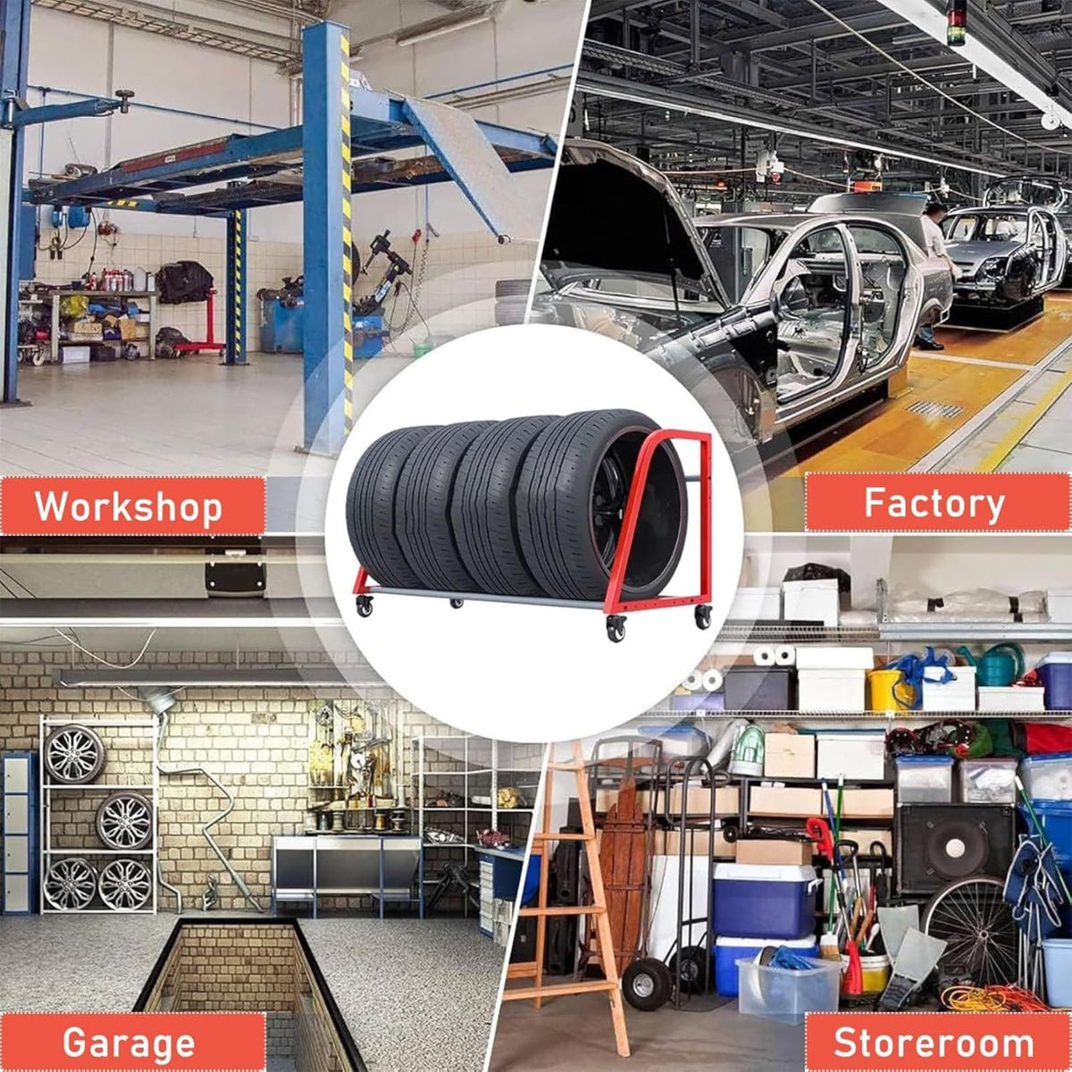 Spare Tire Rack for Shop, Vertical Garage Tire Storage Rack with Wheels, Rolling Multi-Tire Tire Display Stand, Metal Tire Holder