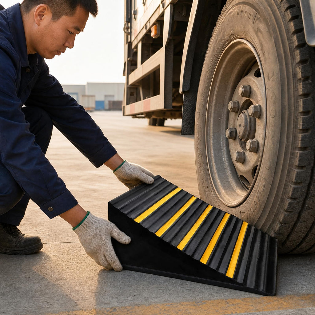 Wedge Shaped Rubber Wheel Chock for Parked Vehicles with Traction Ribs and Sturdy Construction Suitable for Trailers During Loading Unloading and Storage Areas, Style C