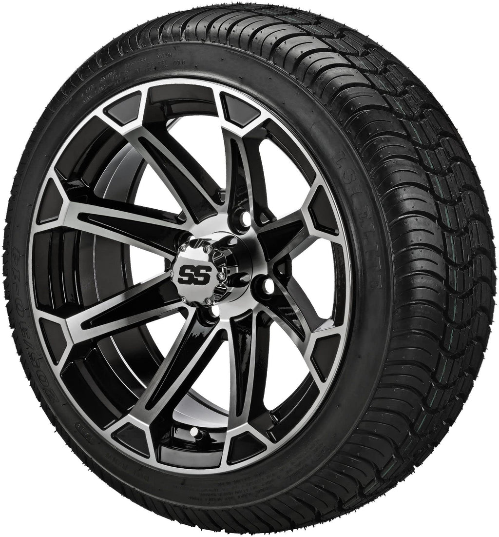 RM Cart 14" Viking Black/Machined on 205/30-14 LSI Elite Tires (Set of 4) | Golf Cart Tires and Wheels Combo with Standard Lug Nuts