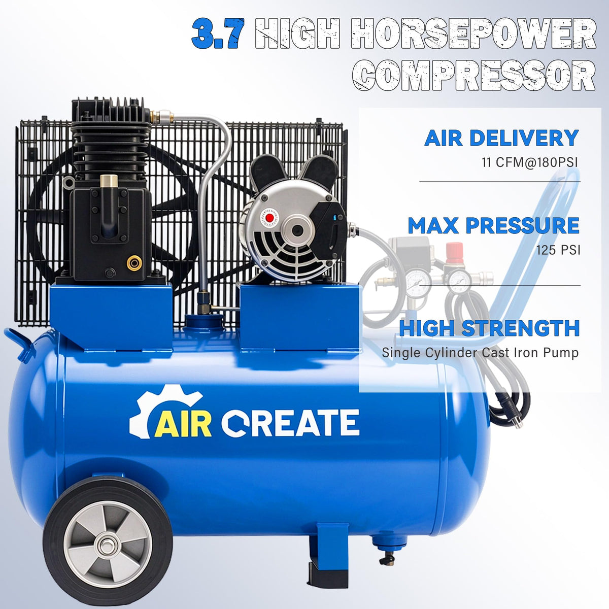 20 Gallon Gas Powered Air Compressor Tank with Wheels, 3.7Hp11CFM@125PSI Air Compressed System for Workshop Tire Inflation, Spraying, Nailing