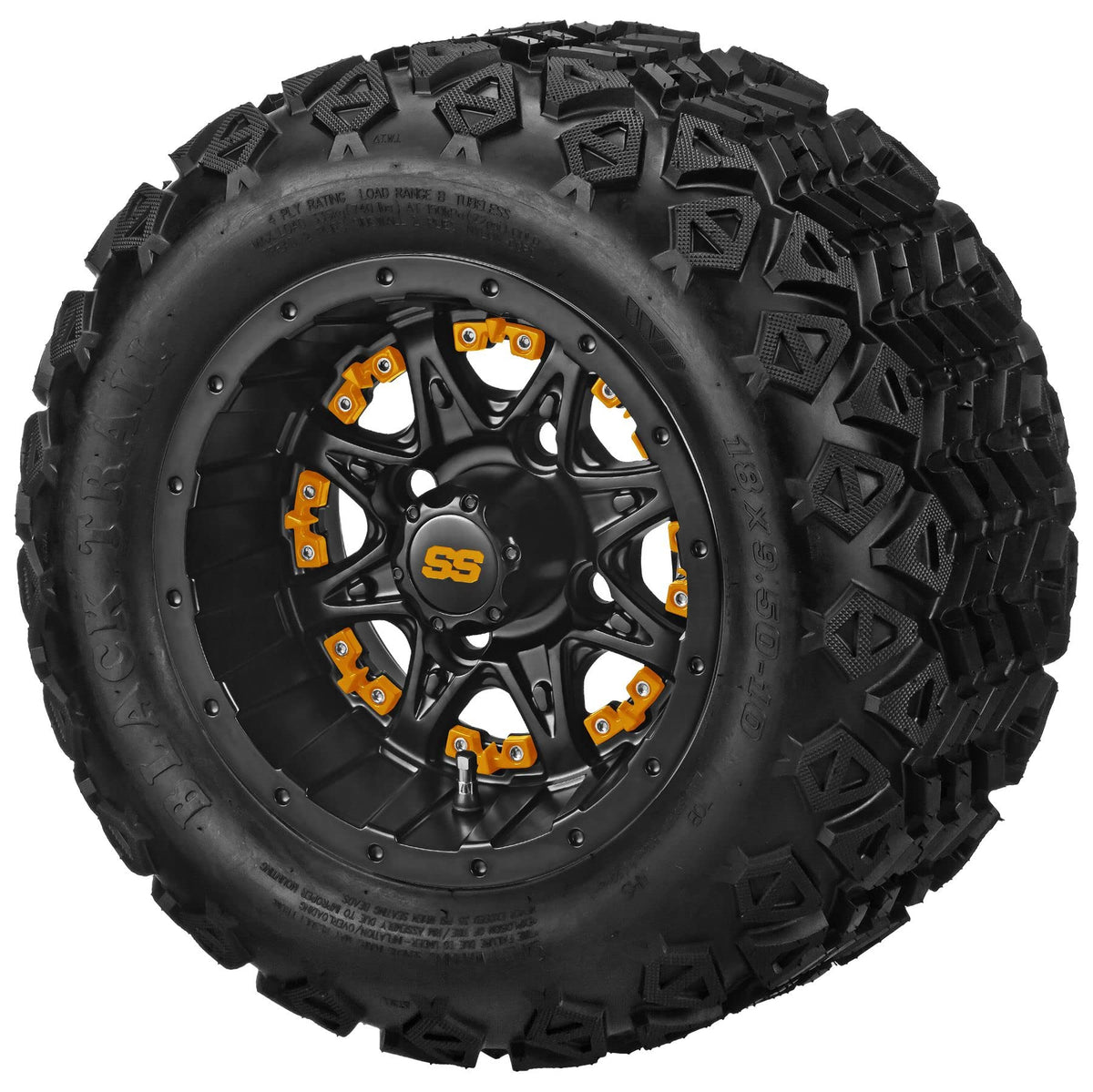 RM Cart Golf Cart Accessories 10" Revenge Black/Machined on 18X9.5-10 Black Trail Tires with White Inserts (Set of 4) | Fits Standard Lug Nuts (Club Car & EZ-Go)
