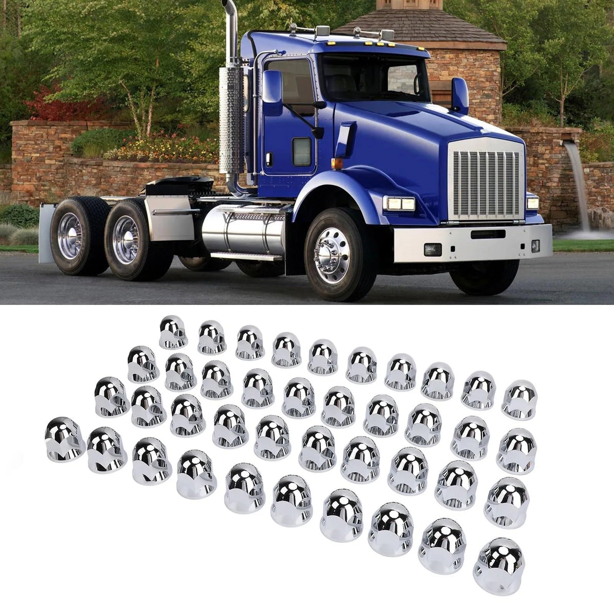 Lug Nut Covers 33mm - Chrome Secure Flanged Caps, Set 40, Compatible with Trucks, Trailers, and Various Vehicles