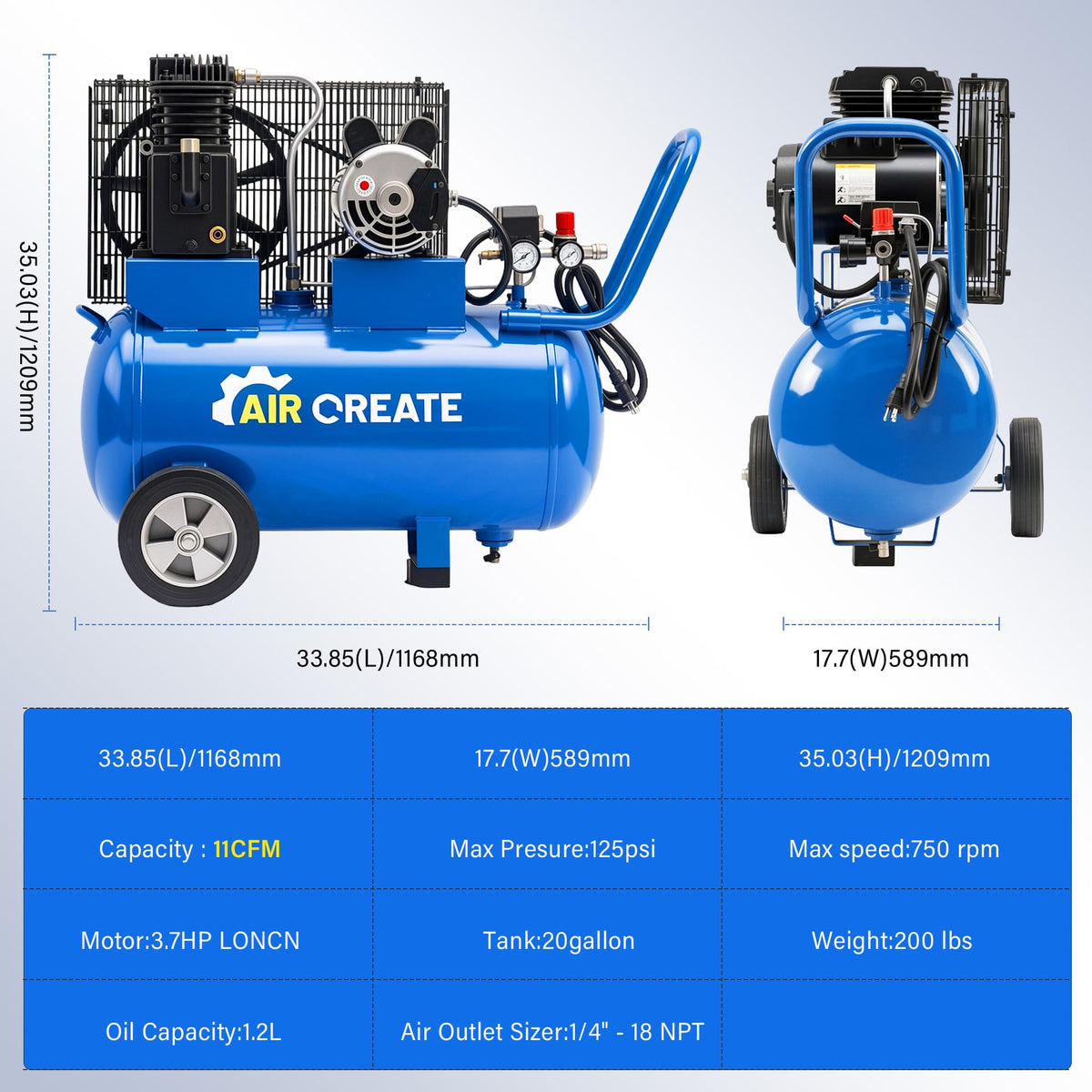 20 Gallon Gas Powered Air Compressor Tank with Wheels, 3.7Hp11CFM@125PSI Air Compressed System for Workshop Tire Inflation, Spraying, Nailing